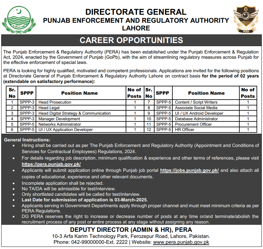 Punjab Enforcement Authority Lahore Jobs